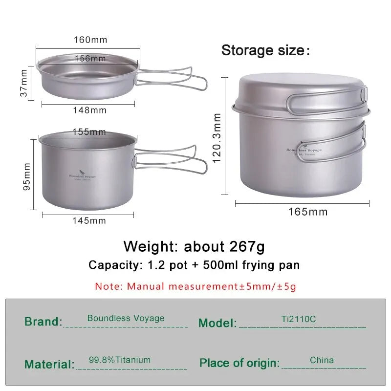 Boundless Voyage Titanium Pot Pan Set with Folding Handles Camping