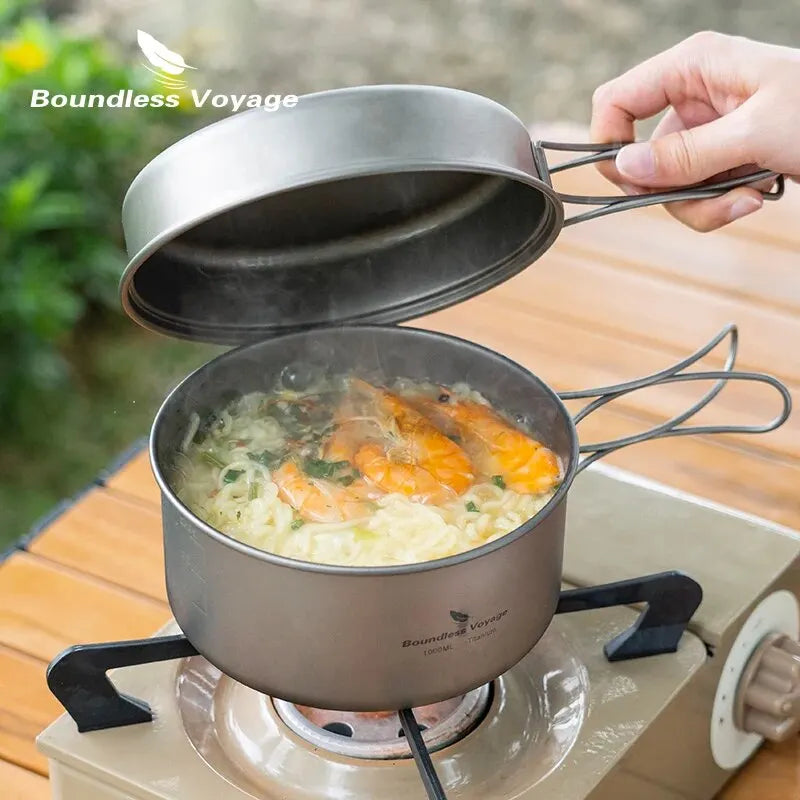 Boundless Voyage Titanium Pot Pan Set with Folding Handles Camping