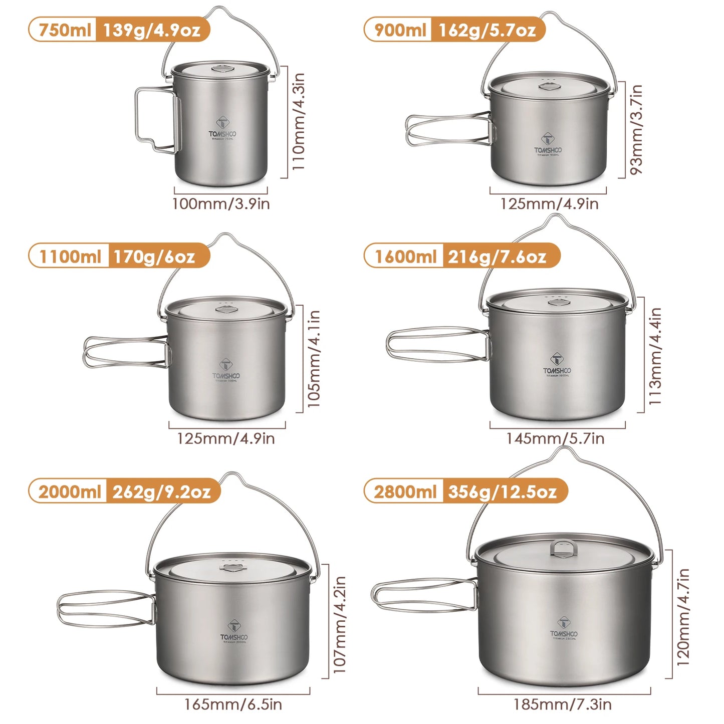 TOMSHOO Camping Cookware Titanium Pot 0.75L/0.9L/1.1L/1.6L/2L/2.8L