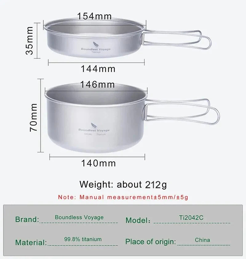 Boundless Voyage Titanium Pot Pan Set with Folding Handles Camping