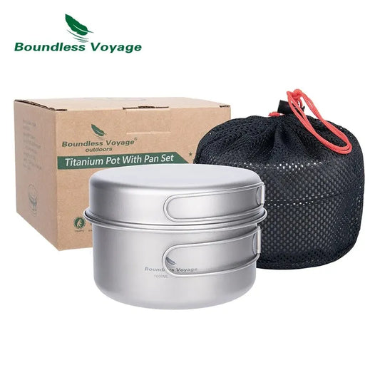 Boundless Voyage Titanium Pot Pan Set with Folding Handles Camping